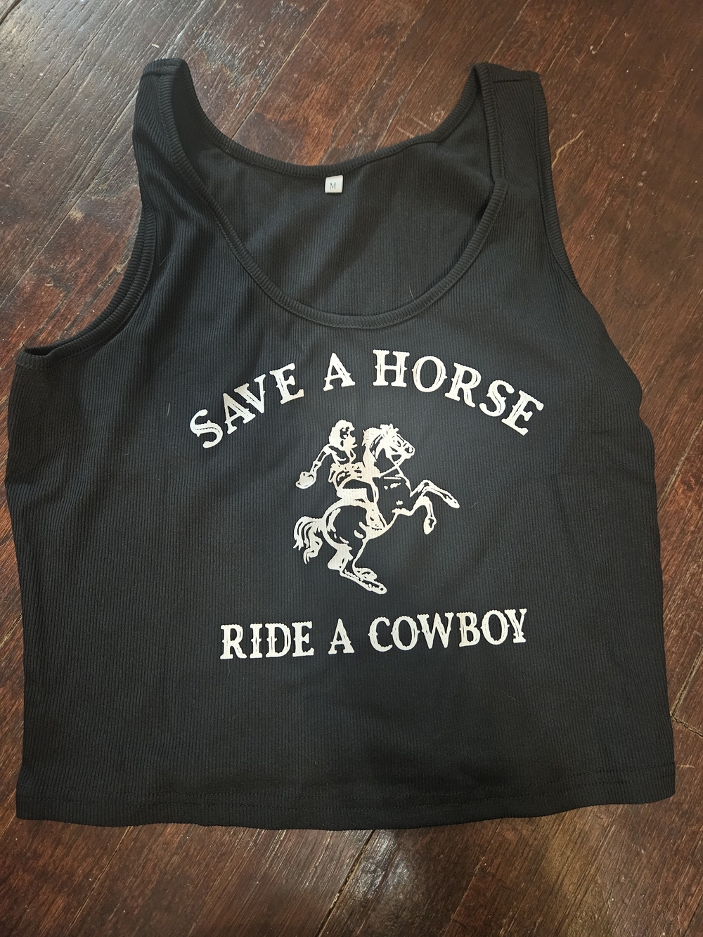 Black Ribbed Tank Top with 'Save a Horse Ride a Cowboy' Graphic